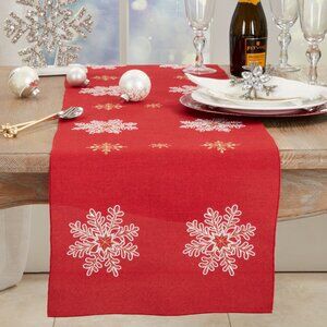 16"x90" Embroidered Snowflake Red Table Runner